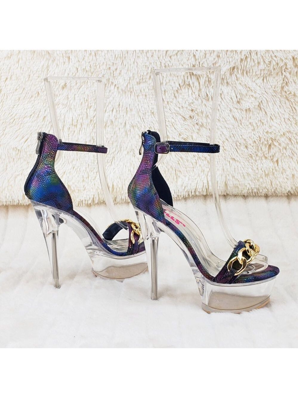 Bulls Rainbow Snake Clear Platform High Heels With Chain Strap Bridget